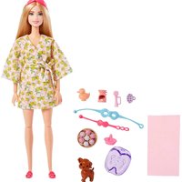 Boneca Barbie Bem Estar Dia de Spa Roupão Banho Cachorrinho e Acessórios HKT90 Mattel