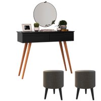 Conjunto Sala Estar Aparador Outlet Preto Pés Palito Retrô Kit 2 Puff Apolo Cinza Linho Banqueta Almofadada - RPM Móveis