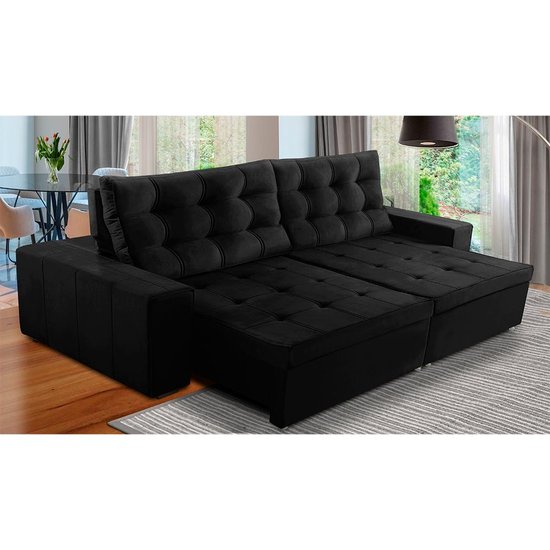 Sofá Retrátil e Reclinável 3 Lugares com Molas 2,10m Duda Suede Preto Adonai Estofados