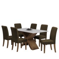 Conjunto de Mesa Sala de Jantar Tampo Com Vidro Grécia 6 Cadeiras Off White / Castor / Cedro 1,60m Dobuê