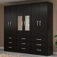Guarda-Roupa Solteiro Bergamo 6 Portas 9 Gavetas com Espelho Preto