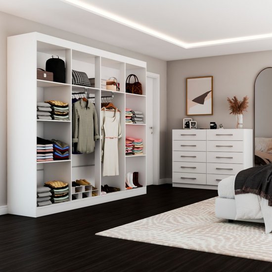 Quarto de Casal Ele e Ela Closet 8 Prateleiras Cômoda 10 Gavetas Branco