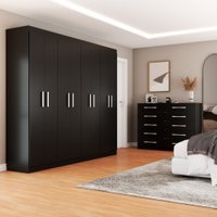Quarto de Casal Ele e Ela Guarda-Roupa 8 Portas e 8 Prateleiras Cômoda 10 Gavetas Preto