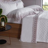 Jogo de Cama Casal Lace 300 Fios Acetinado Bordado Inglês Branco/Nude