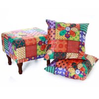 Kit Puff Banqueta 40cm + Almofadas Decorativas Patchwork BF Colchões