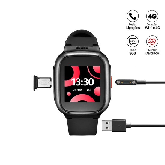 Relógio Celular do Idoso SeniorWatch com Botão SOS Monitor cardíaco Chamada por Voz Multi - P9202