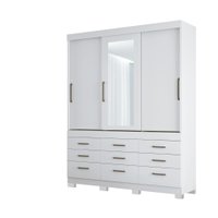 Guarda Roupa Casal com Pés e Espelho 3 Portas Correr 9 Gavetas Click Santos Andirá Branco
