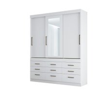 Guarda Roupa Casal com Espelho 3 Portas Correr 9 Gavetas Click Santos Andira Branco