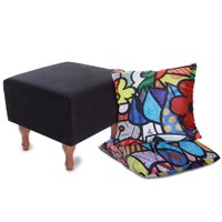 Kit Puff Banqueta 40cm + 2 Almofadas Decorativas 45cm Para Sala BF Colchões - PRETO