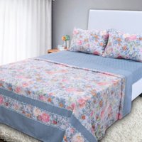 Jogo de Cama Lençol 4 Peças Queen Com Elástico Estampado 158x198x30cm FLORAL GRISACEO