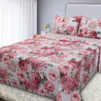 Jogo de Cama Lençol 4 Peças Queen Com Elástico Estampado 158x198x30cm FLORAL SALMAO