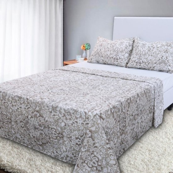 Jogo de Cama Lençol 4 Peças Queen Com Elástico Estampado 158x198x30cm ARABESCO BRANCO