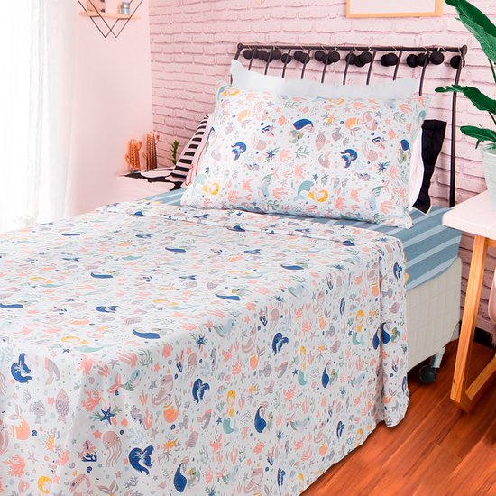 Jogo de Cama Solteiro Lençol Infantil 3 Peças Estampado FUNDO DO MAR