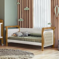 Cama Allegra Capitonê Suede Cru com Branco e Ipê Tigus Baby