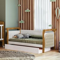 Cama Allegra Capitonê Suede Cru com Branco e Ipê com Auxiliar Tigus Baby