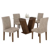 Conjunto Sala de Jantar Mesa Classic Chocolate com Suede Pena Bege Tampo de Vidro e 4 Cadeiras Classic Cel Moveis
