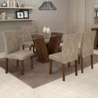 Conjunto Sala de Jantar Mesa Classic Chocolate com Suede Pena Bege Tampo de Vidro e 6 Cadeiras Classic Cel Moveis