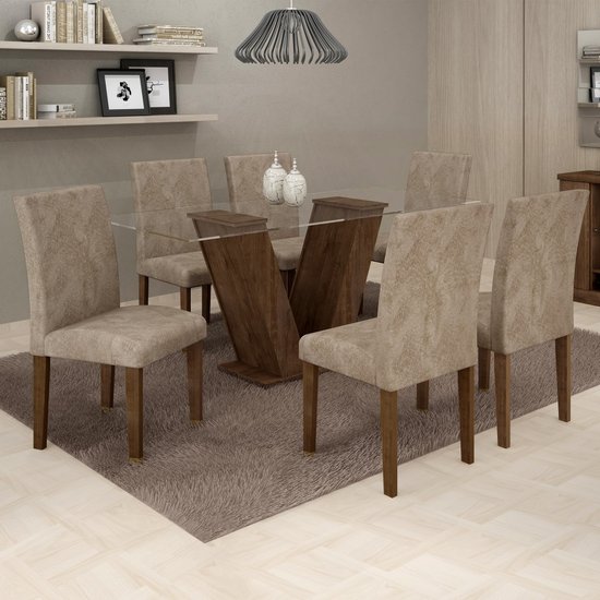 Conjunto Sala de Jantar Mesa Classic Chocolate com Suede Pena Bege Tampo de Vidro e 6 Cadeiras Classic Cel Moveis