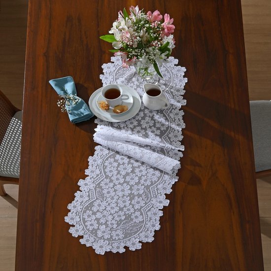 Trilho Mesa Renda Interlar Dogwood Branco 35cm x 135cm