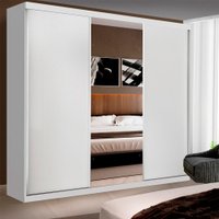 Guarda Roupa Casal Barcelona Branco 3 Portas de Correr 4 Gavetas e 3 Espelhos Minastex