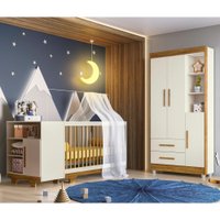 Quarto De Bebê Flocos Off White E Ypê Com Berço Mini Cama Com Colchão Cômoda E Guarda Roupa Tigus Baby