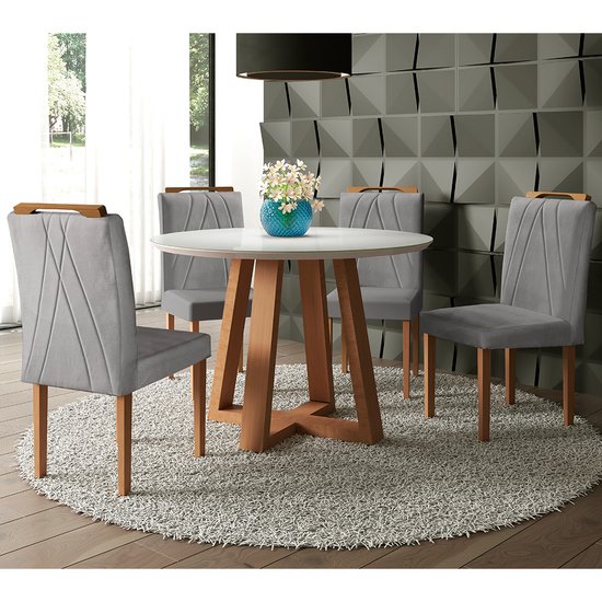 Conjunto Sala de Jantar 4 Lugares em Madeira Maciça Mesa Redonda 1,2M e 4 Cadeiras Moveis Mix