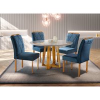 Conjunto Sala de Jantar 4 Lugares Mesa Redonda 1,2m e 4 Cadeiras Azul Turquesa Escuro Moveis Mix