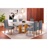 Conjunto Sala de Jantar 6 Lugares Mesa Tampo em Vidro e Cadeiras Lisy Veludo Móveis Mix
