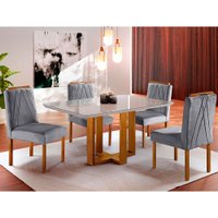 Conjunto Sala de Jantar Mesa Tampo de Vidro 4 Cadeiras Lisboa Mundial Móveis Mel/Cinza