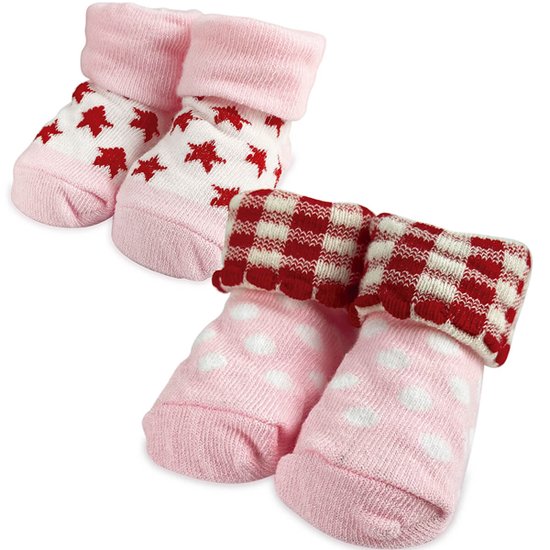 Kit 2 Pares de Meia para Recém Nascido Bebê RN Rosa Vermelho Estrela Xadrez Adoleta