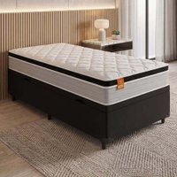 Cama Box Baú Solteiro Colchão Molas Ensacadas Real 88x188x68cm Preto / Cinza - Suporta até 130kg por