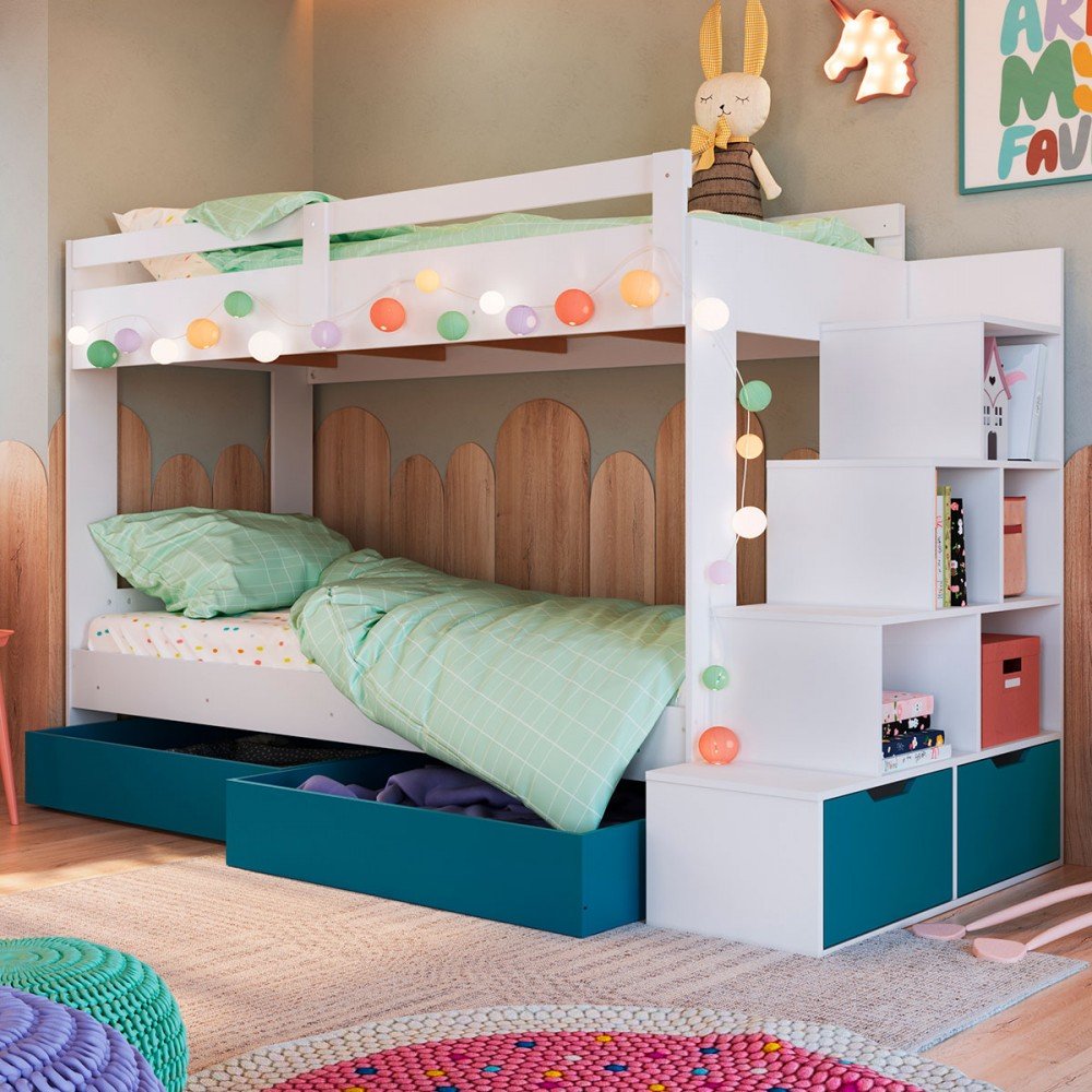 Beliche Gavetas com Escada Branco Completa Móveis BI004