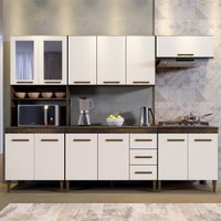 Cozinha Atenas Com Vidro Reflecta 12 Portas 3 Gavetas e Balcão Para Cooktop 05 Bocas Ipê com Off White