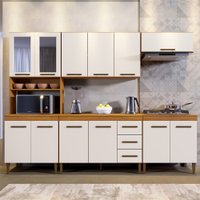 Cozinha Atenas Com Vidro Reflecta 12 Portas 3 Gavetas e Balcão Para Cooktop 05 Bocas Naturalle Com Off White