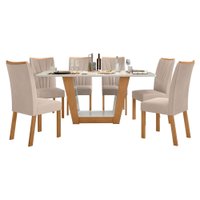 Conjunto Mesa Apogeu 160cm Tampo MDF/Vidro 6 Cadeiras Apogeu Amendoa/Off/Veludo Creme