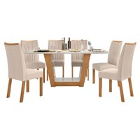 Conjunto Mesa Apogeu 170cm Tampo MDF 6 Cadeiras Apogeu Amendoa/Off/Linho Bege