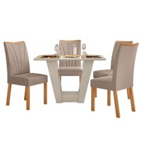 Conjunto Mesa Apogeu 120cm Tampo MDF/Vidro 4 Cadeiras Apogeu Off/Amendoa /Veludo Creme
