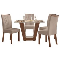Conjunto Mesa Apogeu 120cm Tampo MDF/Vidro 4 Cadeiras Apogeu Imbuia/Off/Veludo Creme