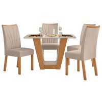 Conjunto Mesa Apogeu 120cm Tampo MDF/Vidro 4 Cadeiras Apogeu Amendoa/Off/Linho Bege