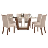 Conjunto Mesa Apogeu 170cm Tampo MDF/Vidro 6 Cadeiras Apogeu Imbuia/Off/Veludo Creme