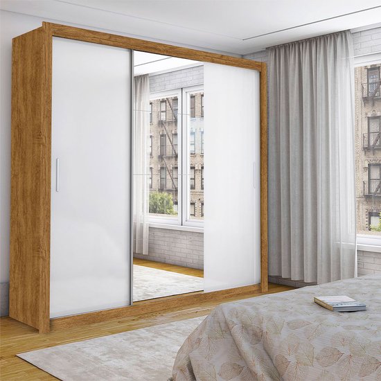 Guarda Roupa Casal Isabela Luxo Com Espelho 3 Portas De Correr 4 Gavetas Carioca Moveis Freijó com Branco