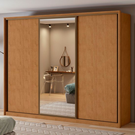 Guarda Roupa Casal com Espelho Com 3 Portas 6 Gavetas Spazio Glass Móveis Lopas Amendoa Clean/Preto Fosco