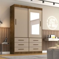 Guarda Roupa Solteiro com Espelho 2 Portas 6 Gavetas Star Sallêto Móveis Ipê com Off White