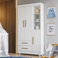 Roupeiro Flocos Flex Color Off White e Ypê 3 Portas 2 Gavetas Tigus Baby Branco e Ypê
