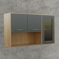 Armário Aéreo para Cozinha Com 3 Portas Detalhe em Vidro 1 Nicho 120 cm Áustria Valdemóveis Cinamomo/Grafite