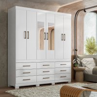Guarda Roupa Casal 6 Portas 9 Gavetas  com Espelhos e Pes Santos Andira Branco