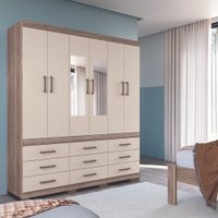Guarda Roupa Casal 6 Portas 9 Gavetas  com Espelhos e Pes Santos Andira  Castanha/ Off White