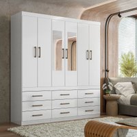 Guarda Roupa Casal 6 Portas 9 Gavetas  com Espelhos Santos Andira  Branco