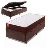Cama Box Baú Solteiro Colchão Molas Qatar 88x188x63cm Marrom / Branco
