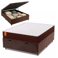 Cama Box Baú Casal Colchão Molas Qatar 138x188x63cm Marrom / Branco - Suporta até 150kg por Pessoa